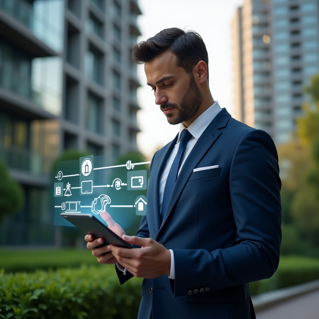 Ultra-realistic condominium manager in a navy blue suit, set in a modern luxury condominium environment with high-rise buildings and lush green landscaping, checking a holographic schedule timeline on a tablet with repair, inspection and cleaning icons floating around, confident and focused expression, cinematic lighting, shallow depth of field, highly detailed textures, realistic skin, photographic realism, 8k resolution --ar 1:1 --v 6