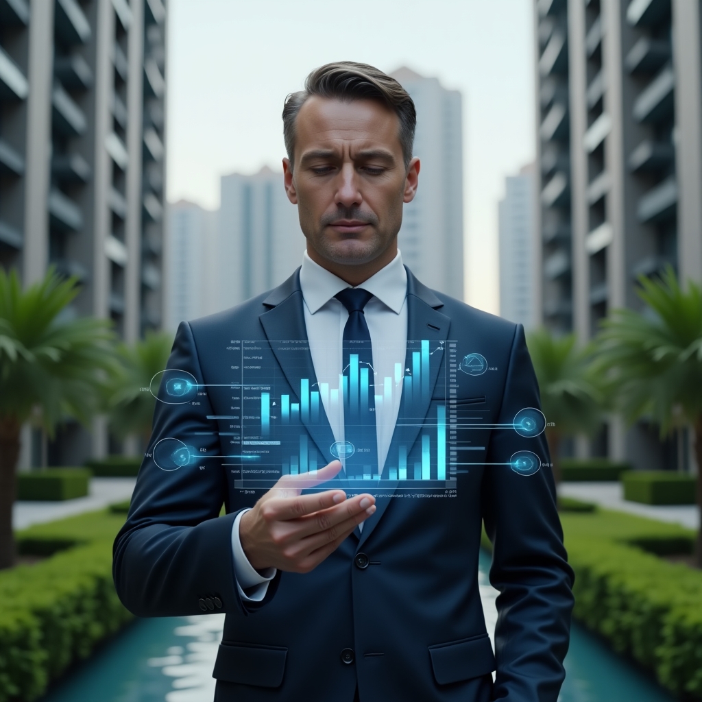 (Ultra-realistic condominium manager in a navy blue suit, set in a modern luxury condominium environment with high-rise buildings and meticulous green landscaping, mid-shot reviewing a holographic financial report with floating charts and graphs, looking confident and thoughtful, cinematic lighting, shallow depth of field, highly detailed textures, realistic skin, photographic realism, 8k resolution --ar 1:1 --v 6)