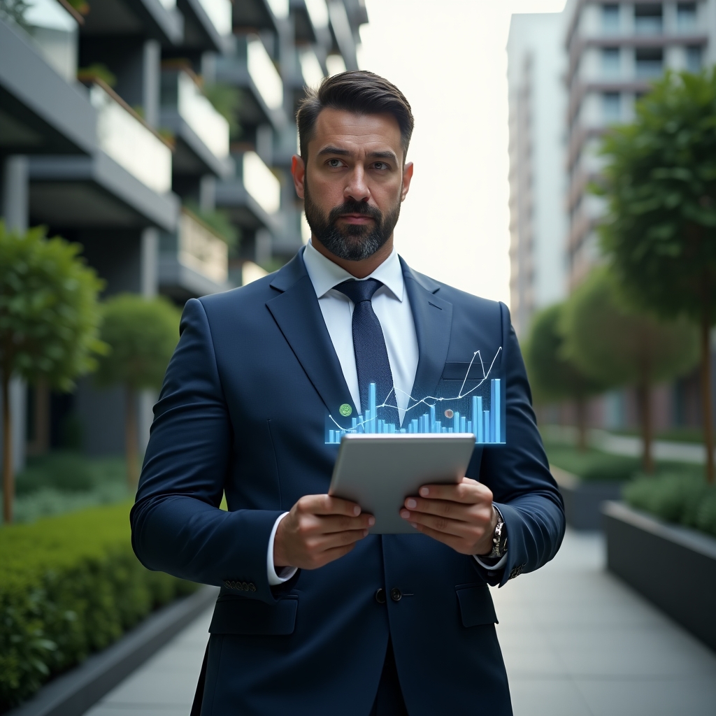 (Ultra-realistic condominium manager in a tailored navy suit, set in a modern luxury condominium environment with high-rise buildings and lush green landscaping, mid-shot holding a tablet displaying holographic financial charts, thoughtful and confident expression, floating holograms of budget graphs and coin icons around, cinematic lighting, shallow depth of field, highly detailed textures, realistic skin, photographic realism, 8k resolution --ar 1:1 --v 6)