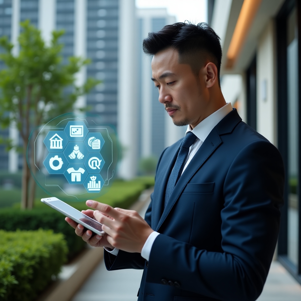 (Ultra-realistic condominium manager in a navy blue suit, set in a modern luxury condominium environment with high-rise buildings and green landscaping, holding a tablet and interacting with floating holographic icons representing tasks, calendar and financial graphs, confident and focused expression, cinematic lighting, shallow depth of field, highly detailed textures, realistic skin, photographic realism, 8k resolution --ar 1:1 --v 6)