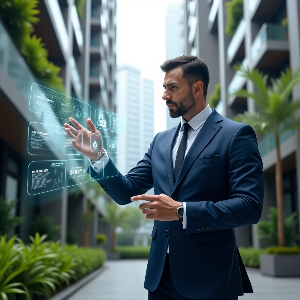 (Ultra-realistic property manager in a navy suit, set in a modern luxury condominium environment with high-rise buildings and lush green landscaping, medium shot of the manager confidently interacting with a holographic dashboard displaying charts, gears and cost-saving icons, cinematic lighting, shallow depth of field, highly detailed textures, realistic skin, photographic realism, 8k resolution --ar 1:1 --v 6)