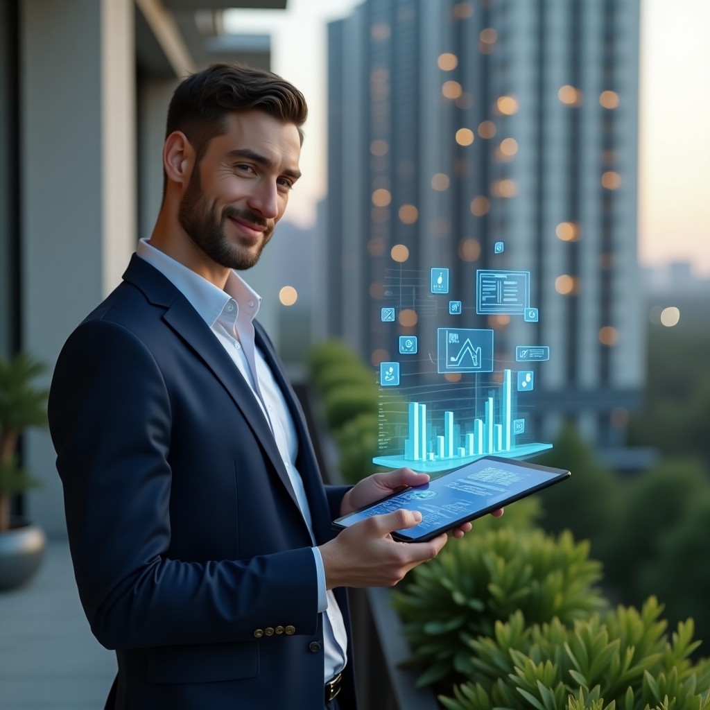(Ultra-realistic condominium manager in a navy executive suit, set in a modern luxury condominium environment with high-rise buildings and manicured green landscaping, holding a tablet displaying floating holographic financial charts and app icons, confidently analyzing data with a slight smile, cinematic lighting, shallow depth of field, highly detailed textures, realistic skin, photographic realism, 8k resolution --ar 1:1 --v 6)