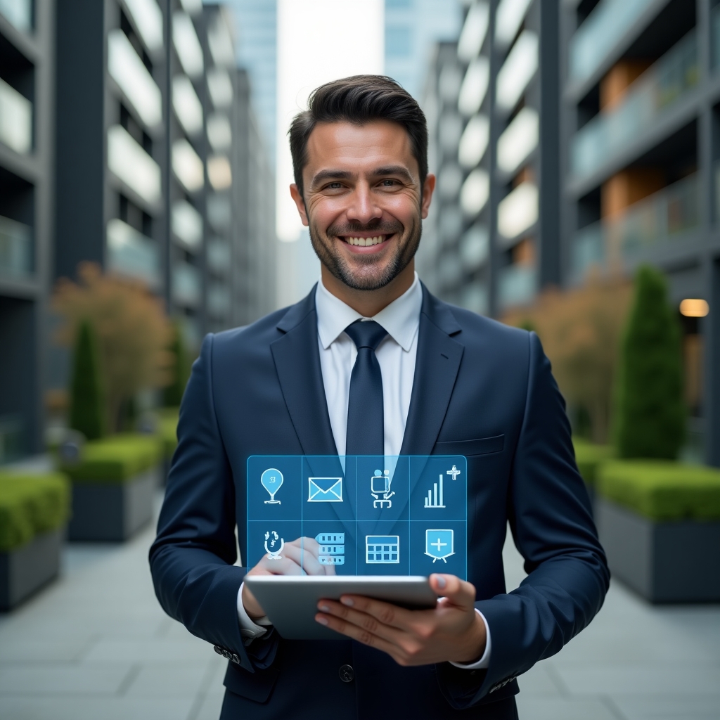 Ultra-realistic property manager in a navy executive suit, set in a modern luxury condominium environment with high-rise buildings and manicured green landscaping, holding a tablet displaying a holographic condominium management app interface with icons for messages, financial graphs and calendar notifications, confident smile, cinematic lighting, shallow depth of field, highly detailed textures, realistic skin, photographic realism, 8k resolution --ar 1:1 --v 6