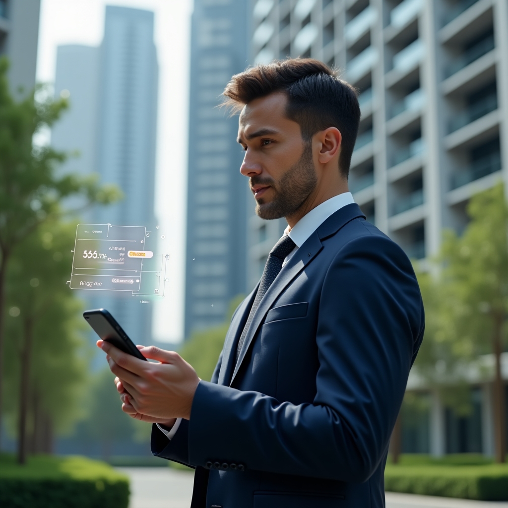 (Ultra-realistic condominium manager in a navy suit, set in a modern luxury condominium environment with high-rise buildings and green landscaping, holding a smartphone displaying holographic floating boleto icons and financial graphs, confident and focused expression, a semi-transparent billing document with checkmarks hovering nearby, cinematic lighting, shallow depth of field, highly detailed textures, realistic skin, photographic realism, 8k resolution --ar 1:1 --v 6)