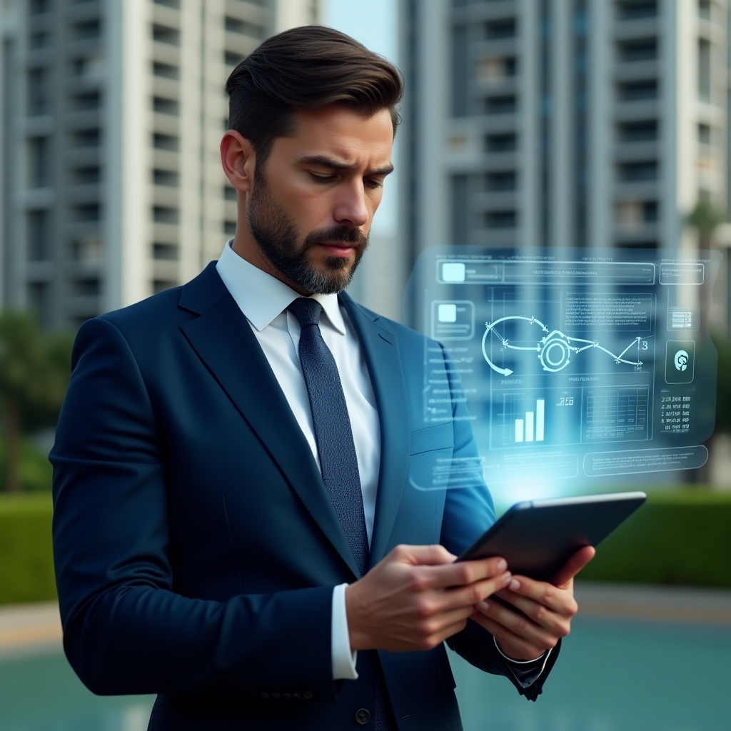 Ultra-realistic condominium manager in a navy blue suit, set in a modern luxury condominium environment with high-rise buildings and manicured green landscaping, reviewing a transparent holographic financial dashboard projected from a tablet, floating charts, graphs and ledger icons around them, confident and focused expression, cinematic lighting, shallow depth of field, highly detailed textures, realistic skin, photographic realism, 8k resolution --ar 1:1 --v 6