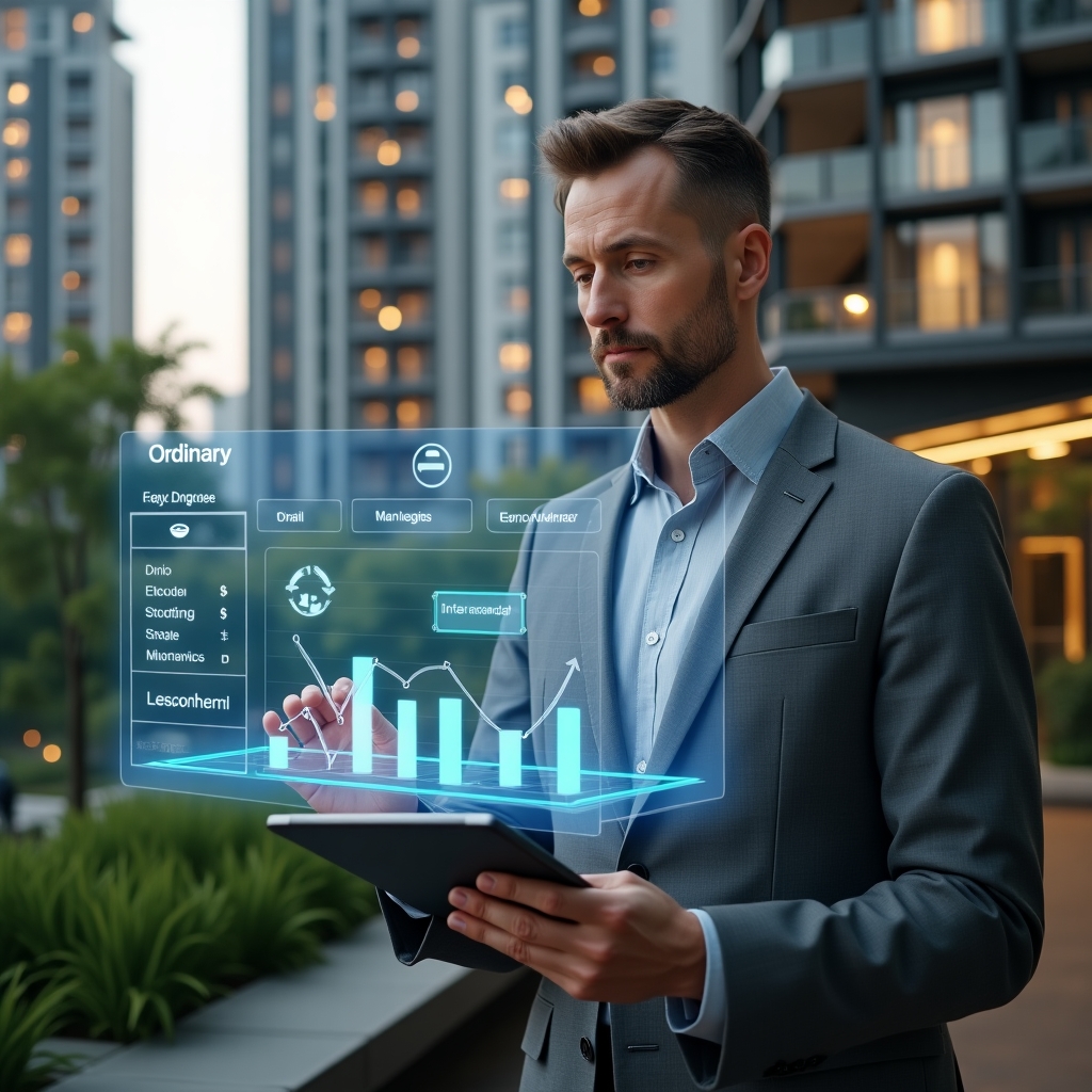 Ultra-realistic condominium property manager in a charcoal gray suit, set in a modern luxury condominium environment with high-rise buildings and lush landscaping, analyzing a floating holographic budget chart with expense categories labeled “Ordinary” and “Extraordinary,” confident expression, holding a tablet displaying financial graphs, subtle icons of coins and invoices orbiting around, cinematic lighting, shallow depth of field, highly detailed textures, realistic skin, photographic realism, 8k resolution --ar 1:1 --v 6