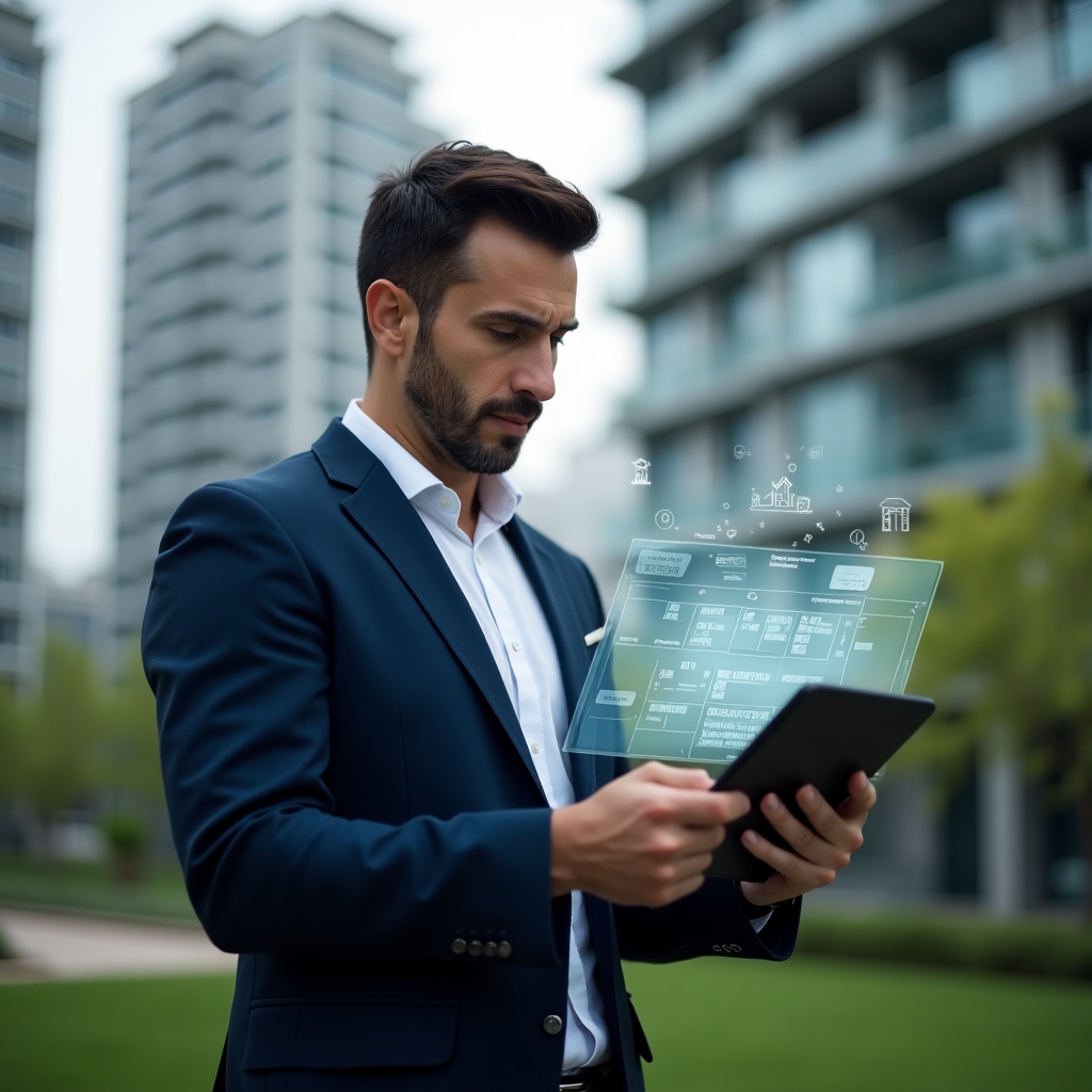 Ultra-realistic condominium manager in a sleek navy business suit, set in a modern luxury condominium environment with high-rise buildings and manicured green spaces, reviewing a holographic schedule on a digital tablet with a confident expression, floating calendar icons and maintenance symbols around, cinematic lighting, shallow depth of field, highly detailed textures, realistic skin, photographic realism, 8k resolution --ar 1:1 --v 6