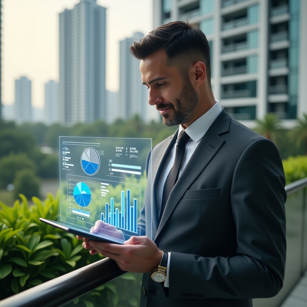 (Ultra-realistic condominium manager in a charcoal gray executive suit, set in a modern luxury condominium environment with high-rise buildings and lush green landscaping, mid-shot close-up holding a digital tablet and reviewing floating holographic financial charts and graphs, confident and focused expression with a subtle smile, symbolic holographic pie charts and bar graphs representing transparency and auditing, cinematic lighting, shallow depth of field, highly detailed textures, realistic skin, photographic realism, 8k resolution --ar 1:1 --v 6)