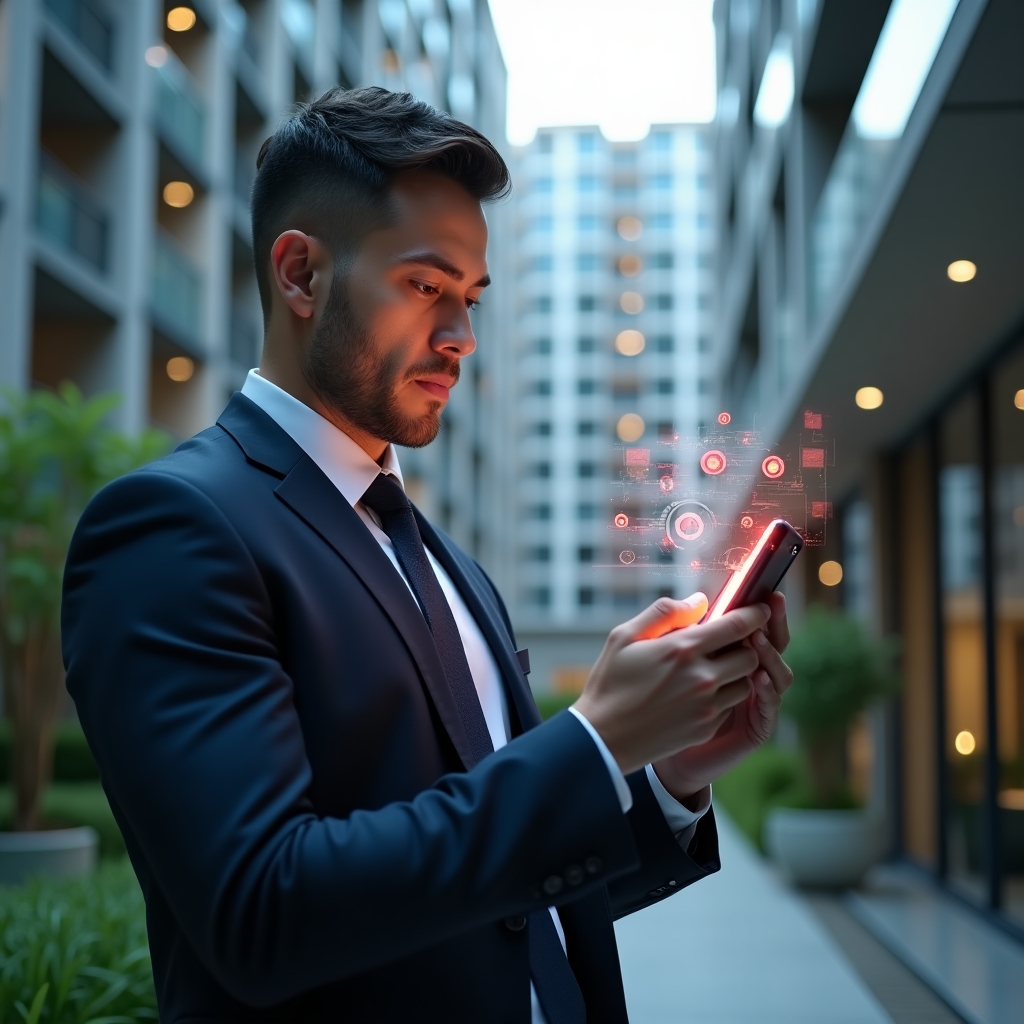 Ultra-realistic condominium manager in a navy suit, set in a modern luxury condominium environment with high-rise buildings and green landscaping, holding a smartphone projecting a holographic interface with red warning icons and dashboard charts, analyzing errors on screen with a serious expression, cinematic lighting, shallow depth of field, highly detailed textures, realistic skin, photographic realism, 8k resolution --ar 1:1 --v 6