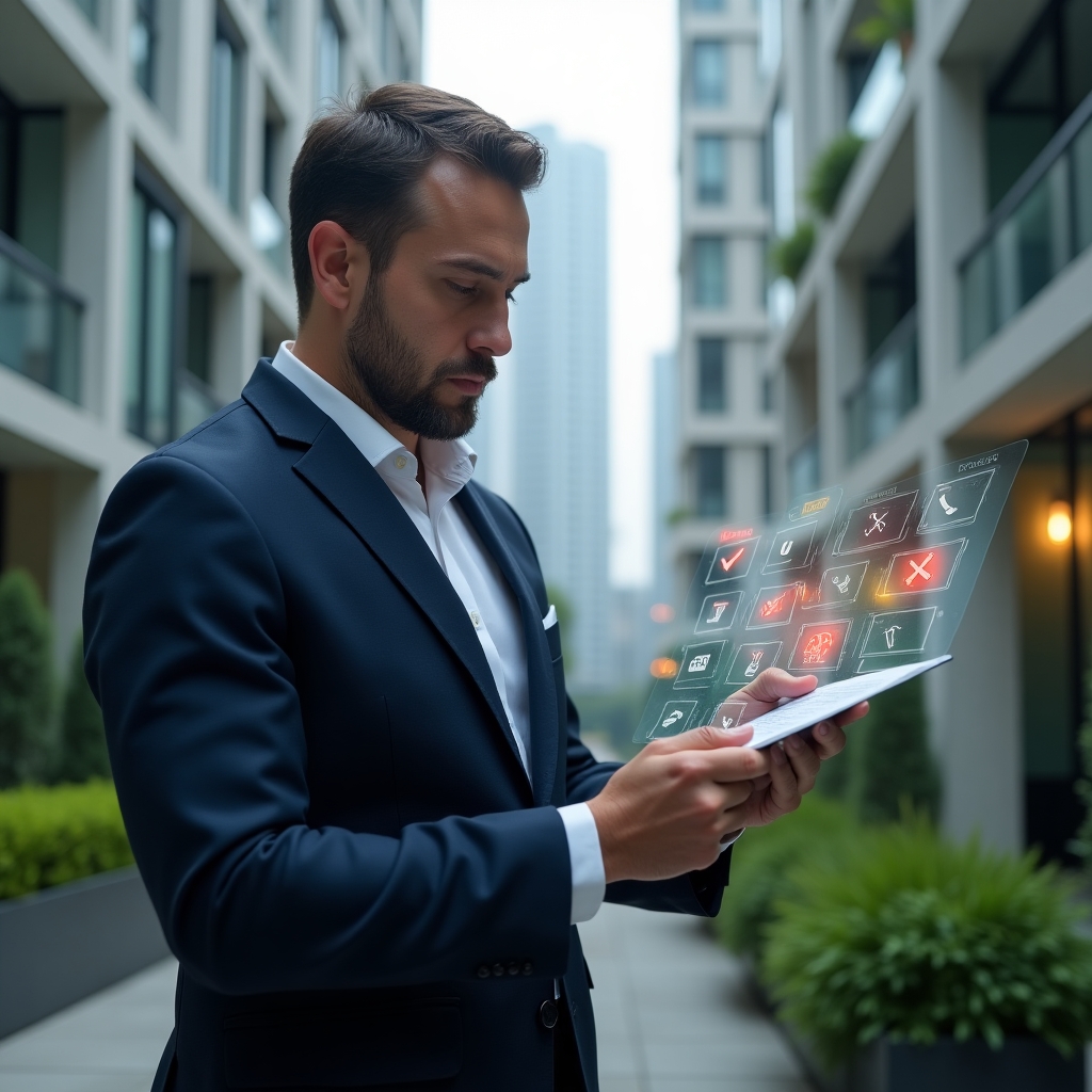 Ultra-realistic condominium manager in a navy suit, set in a modern luxury condominium environment with high-rise buildings and green landscaping, reviewing a holographic checklist with red crosses and green checkmarks, serious and confident expression, cinematic lighting, shallow depth of field, highly detailed textures, realistic skin, photographic realism, 8k resolution --ar 1:1 --v 6