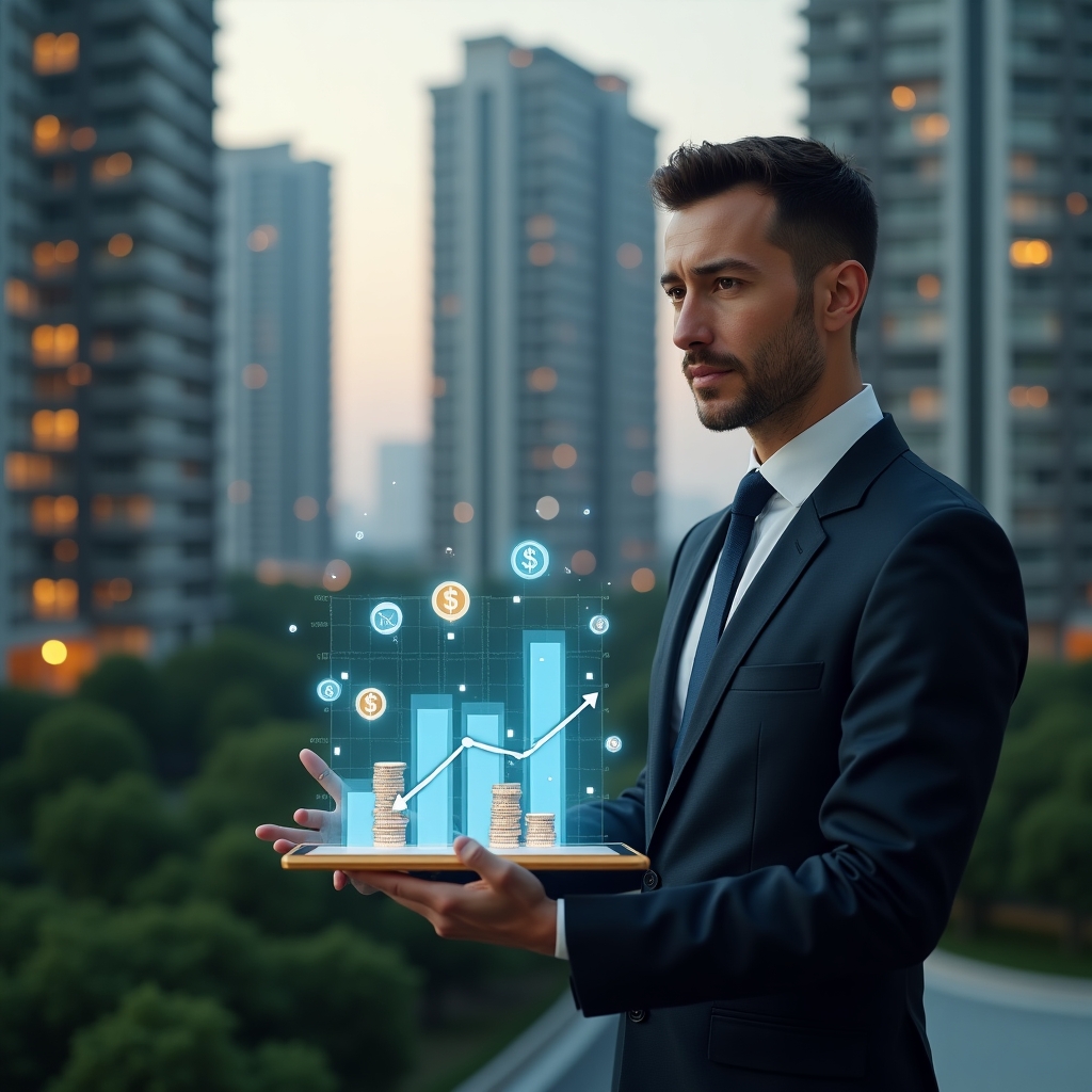 (Ultra-realistic condominium manager in a dark navy suit, set in a modern luxury condominium environment with high-rise buildings and meticulously landscaped greenery, analyzing a floating holographic financial chart with coin and bar-graph icons, confident and focused expression, cinematic lighting, shallow depth of field, highly detailed textures, realistic skin, photographic realism, 8k resolution --ar 1:1 --v 6)