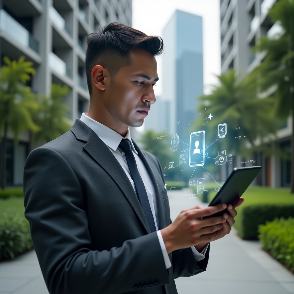 (Ultra-realistic condominium manager in a charcoal gray executive suit, set in a modern luxury condominium environment with high-rise buildings and lush green landscaping, examining a digital tablet with floating holographic warning icons and app interface overlays, thoughtful expression as they identify errors, cinematic lighting, shallow depth of field, highly detailed textures, realistic skin, photographic realism, 8k resolution --ar 1:1 --v 6)