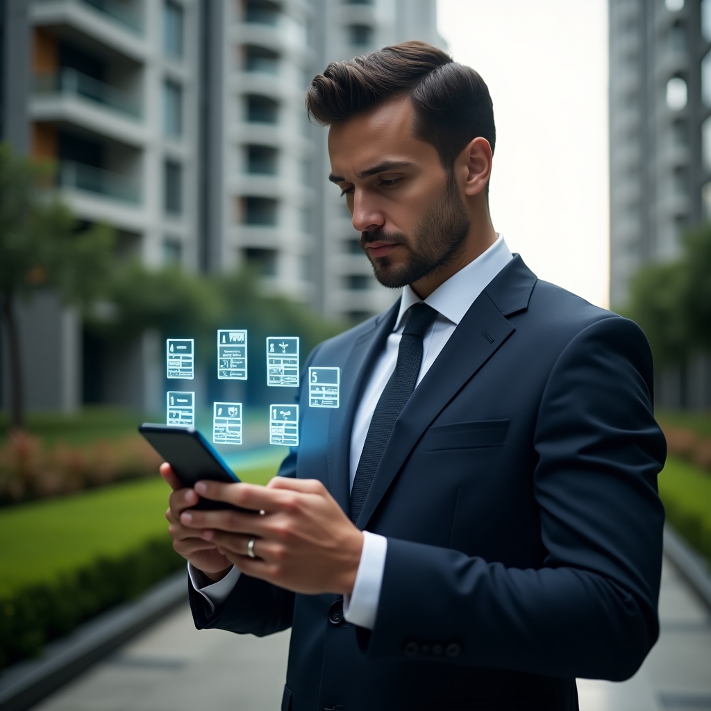 (Ultra-realistic condominium manager in a dark navy executive suit, set in a modern luxury condominium environment with high-rise buildings and manicured green gardens, holding a smartphone displaying holographic management app icons with caution symbols, analyzing the interface with a thoughtful expression, subtle holographic overlays of checklists and error alerts floating beside, cinematic lighting, shallow depth of field, highly detailed textures, realistic skin, photographic realism, 8k resolution --ar 1:1 --v 6)