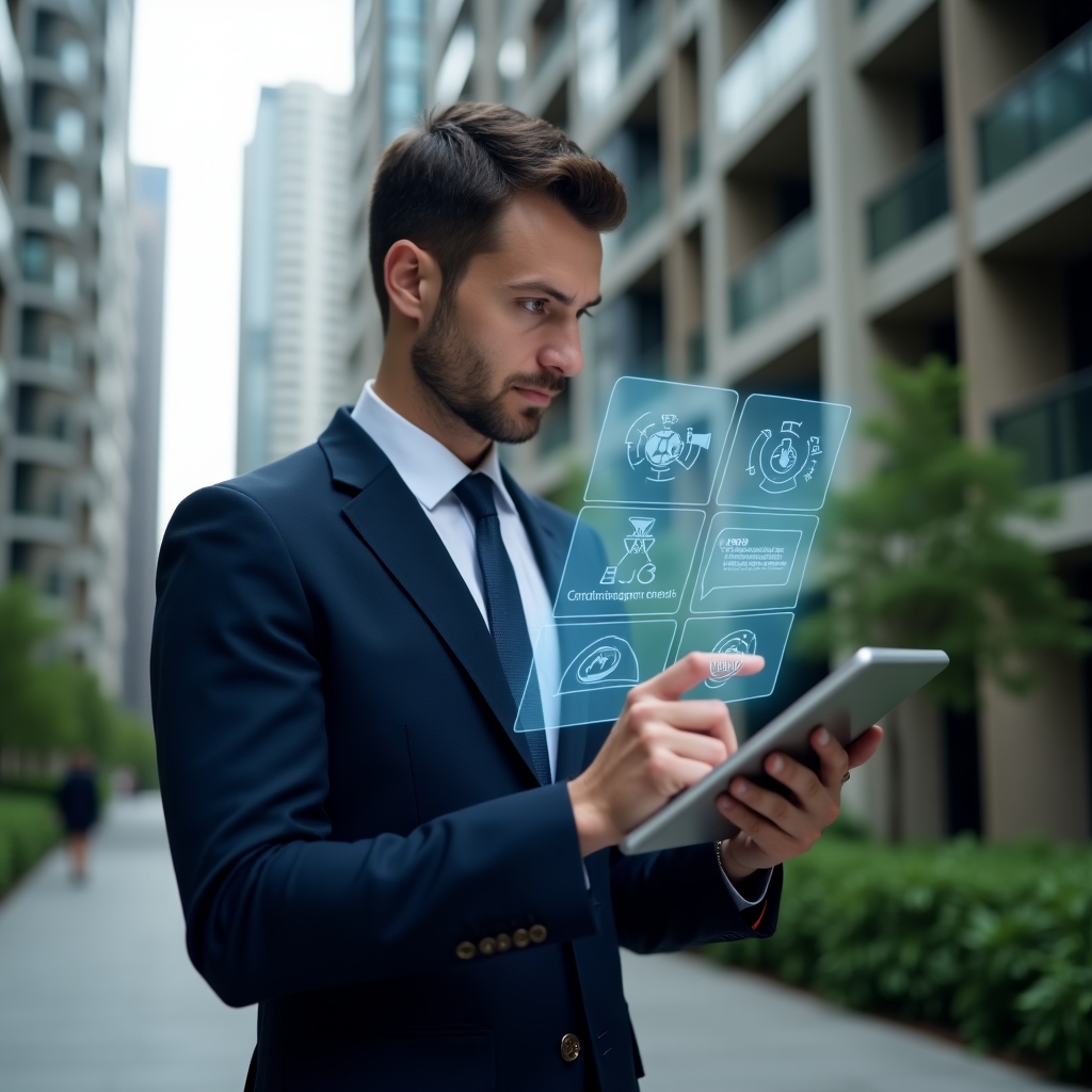 (Ultra-realistic property manager in a dark blue suit, set in a modern luxury condominium environment with high-rise buildings and green landscaping, holding a tablet and examining a holographic interface highlighting error icons related to condo management app, conveying a thoughtful and focused expression, holographic checklist and warning symbols floating next to them, cinematic lighting, shallow depth of field, highly detailed textures, realistic skin, photographic realism, 8k resolution --ar 1:1 --v 6)