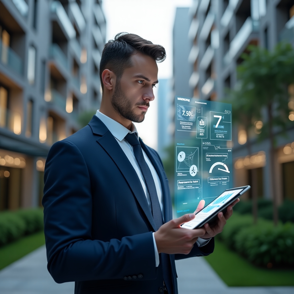 (Ultra-realistic condominium manager in a navy blue suit, set in a modern luxury condominium environment with high-rise buildings and manicured green landscaping, holding a holographic tablet displaying warning icons and dashboard charts, analyzing 7 highlighted error symbols with a serious and focused expression, cinematic lighting, shallow depth of field, highly detailed textures, realistic skin, photographic realism, 8k resolution --ar 1:1 --v 6)