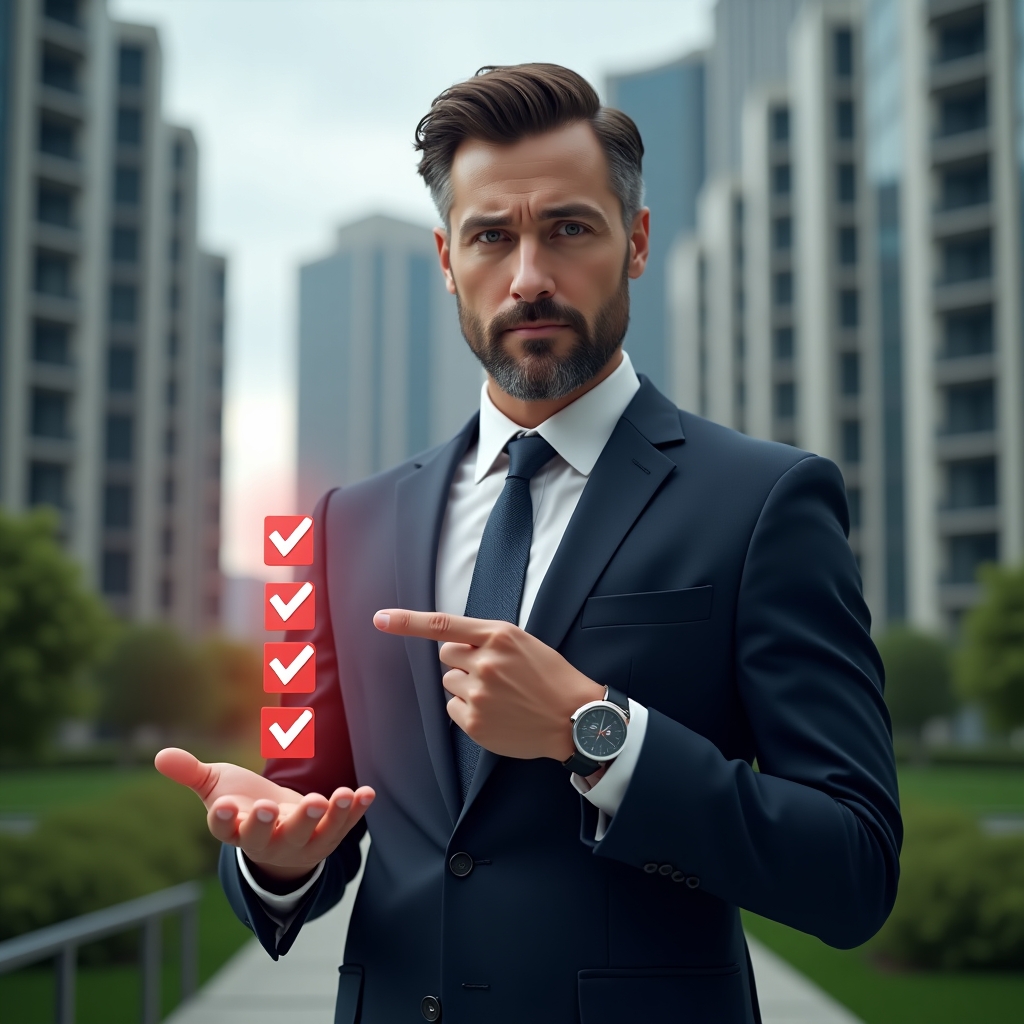 Ultra-realistic condominium manager in a navy executive suit, set in a modern luxury condominium environment with high-rise buildings and lush green landscaping, holding a holographic checklist with red warning icons floating around and pointing at a highlighted error symbol, serious and confident expression, cinematic lighting, shallow depth of field, highly detailed textures, realistic skin, photographic realism, 8k resolution --ar 1:1 --v 6