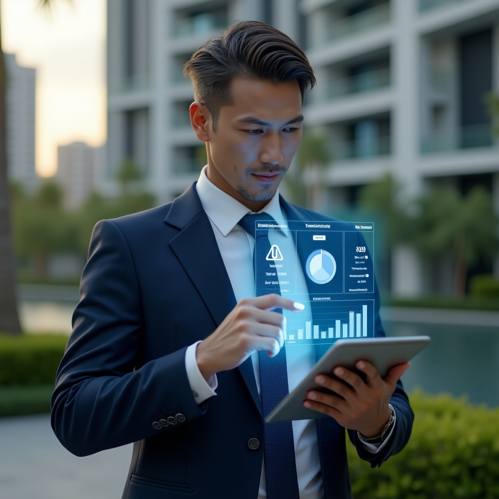 (Ultra-realistic condominium manager in a tailored navy suit, set in a modern luxury condominium environment with high-rise buildings and manicured greenery, analyzing a holographic financial report projected from a tablet, floating pie charts and balance-scale icon symbolizing accounting transparency, thoughtful and confident expression, cinematic lighting, shallow depth of field, highly detailed textures, realistic skin, photographic realism, 8k resolution --ar 1:1 --v 6)