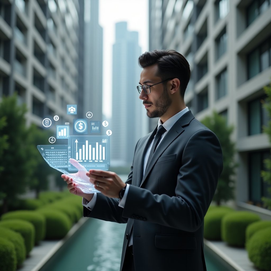 (Ultra-realistic condominium manager in a dark gray executive suit, set in a modern luxury condominium environment with high-rise buildings and manicured green landscaping, holding a translucent holographic financial report and thoughtfully reviewing it, floating icons of charts and ledgers surrounding the figure, cinematic lighting, shallow depth of field, highly detailed textures, realistic skin, photographic realism, 8k resolution --ar 1:1 --v 6)