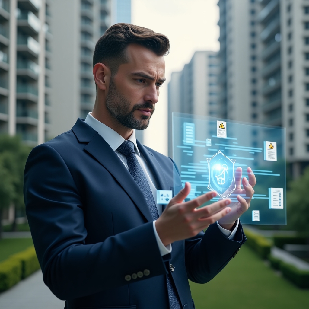 (Ultra-realistic condominium manager in a navy blue suit, set in a modern luxury condominium environment with high-rise buildings and meticulously landscaped greenery, reviewing transparent holographic financial charts with a thoughtful expression, floating icons of documents and warning symbols around, cinematic lighting, shallow depth of field, highly detailed textures, realistic skin, photographic realism, 8k resolution --ar 1:1 --v 6)