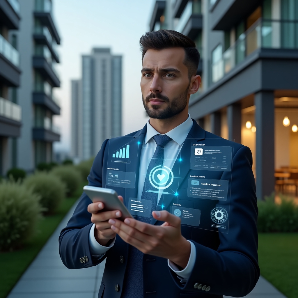 (Ultra-realistic property manager in a navy suit, set in a modern luxury condominium environment with high-rise buildings and well-kept green landscaping, medium close-up pose reviewing a floating holographic interface of a condominium management app showing alerts, charts and checkmarks, interactive icons like gears and notification badges around, thoughtful and confident expression, cinematic lighting, shallow depth of field, highly detailed textures, realistic skin, photographic realism, 8k resolution --ar 1:1 --v 6)