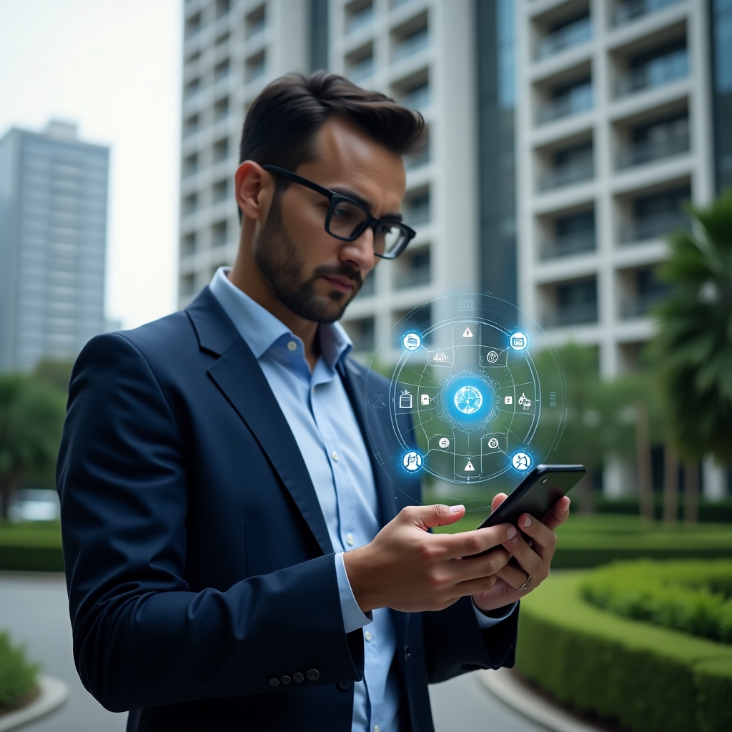 (Ultra-realistic condominium manager in a navy suit, set in a modern luxury condominium environment with high-rise buildings and well-manicured green landscaping, thoughtfully examining a holographic smartphone app interface with floating condo management icons and warning symbols around, cinematic lighting, shallow depth of field, highly detailed textures, realistic skin, photographic realism, 8k resolution --ar 1:1 --v 6)