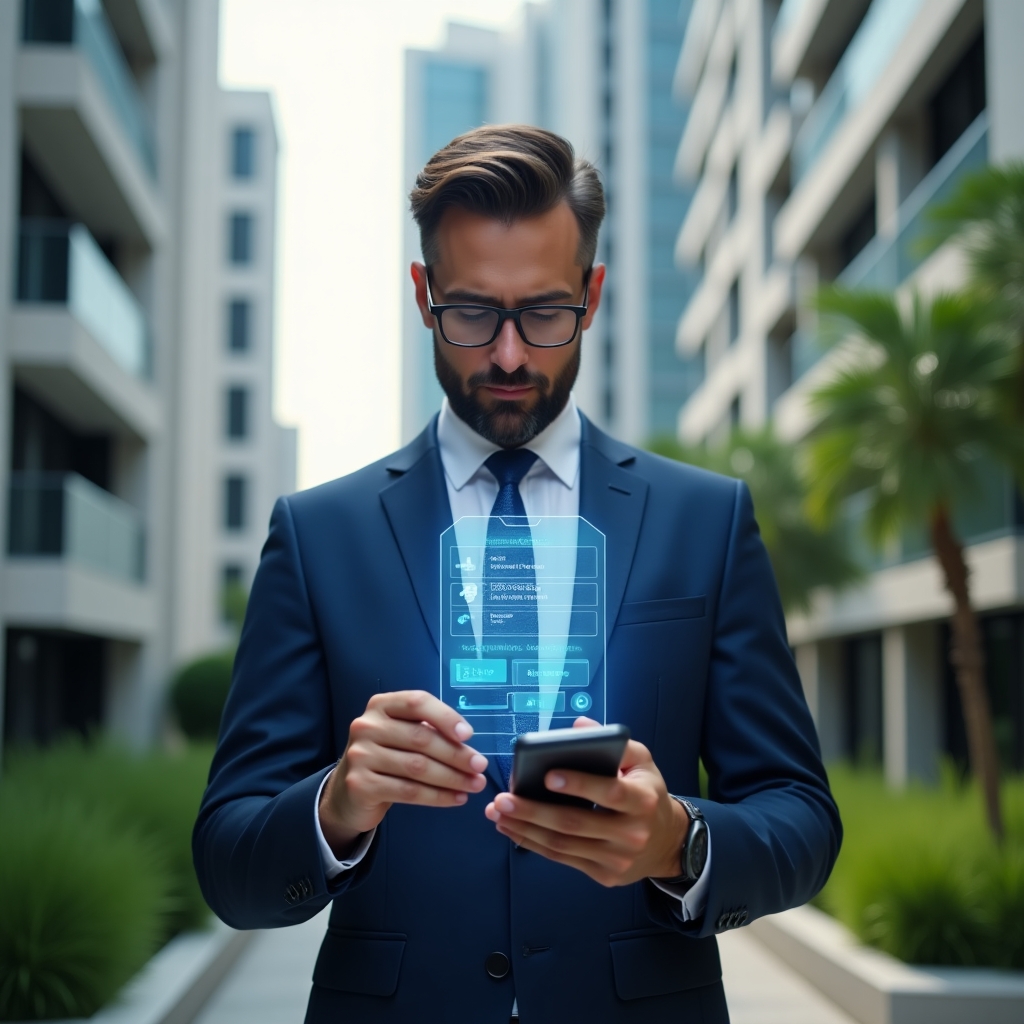 (Ultra-realistic property manager in a navy blue suit, set in a modern luxury condominium environment with high-rise buildings and lush green landscaping, examining a floating holographic smartphone interface displaying warning icons and checklists, thoughtful and confident expression, cinematic lighting, shallow depth of field, highly detailed textures, realistic skin, photographic realism, 8k resolution --ar 1:1 --v 6)