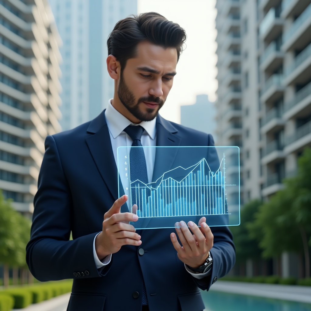 Ultra-realistic condominium manager in a navy suit, set in a modern luxury condominium environment with high-rise buildings and manicured green landscaping, holding a transparent holographic financial dashboard displaying cost-reduction charts, confident and analytical expression, cinematic lighting, shallow depth of field, highly detailed textures, realistic skin, photographic realism, 8k resolution --ar 1:1 --v 6