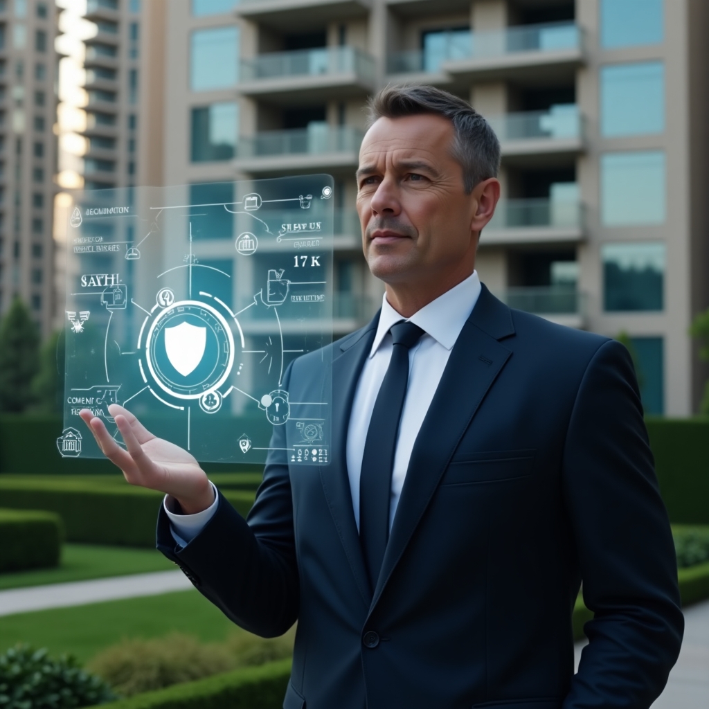 (Ultra-realistic condominium manager in a dark navy suit, set in a modern luxury condominium environment with high-rise buildings and manicured green landscaping, medium shot of the manager confidently interacting with a floating holographic interface displaying icons for communication, reservations, finance charts, and security shield, cinematic lighting, shallow depth of field, highly detailed textures, realistic skin, photographic realism, 8k resolution --ar 1:1 --v 6)