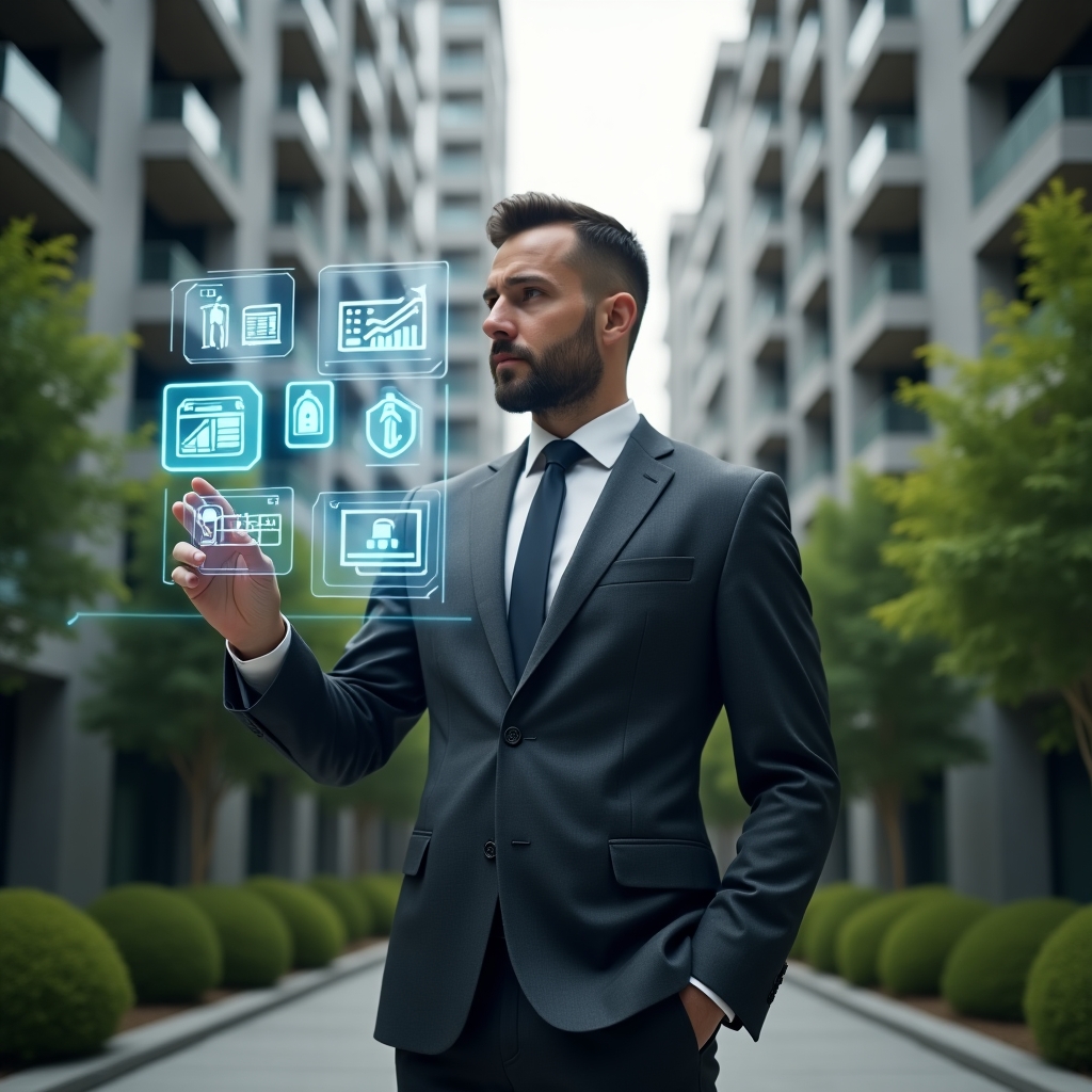 (Ultra-realistic condominium manager in a dark gray tailored suit, set in a modern luxury condominium environment with high-rise buildings and lush green landscaping, confidently interacting with a floating holographic interface displaying financial graphs, message bubbles, calendar and security icons, cinematic lighting, shallow depth of field, highly detailed textures, realistic skin, photographic realism, 8k resolution --ar 1:1 --v 6)