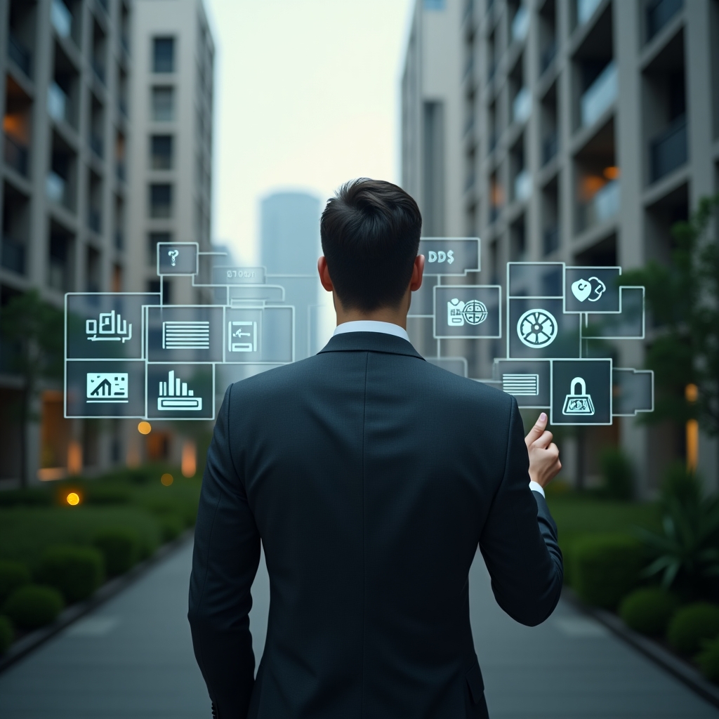 (Ultra-realistic condominium manager in a dark gray executive suit, set in a modern luxury condominium environment with high-rise buildings and green landscaping, confidently interacting with a floating holographic interface displaying icons for finance charts, chat bubbles, calendars and security shields, cinematic lighting, shallow depth of field, highly detailed textures, realistic skin, photographic realism, 8k resolution --ar 1:1 --v 6)