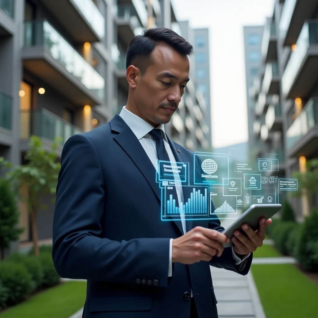 Ultra-realistic condominium manager in a tailored navy suit, set in a modern luxury condominium environment with high-rise buildings and manicured green landscaping, holding a tablet displaying holographic app icons and data charts, confidently analyzing the interface, floating digital indicators of notifications and financial graphs around them, cinematic lighting, shallow depth of field, highly detailed textures, realistic skin, photographic realism, 8k resolution --ar 1:1 --v 6