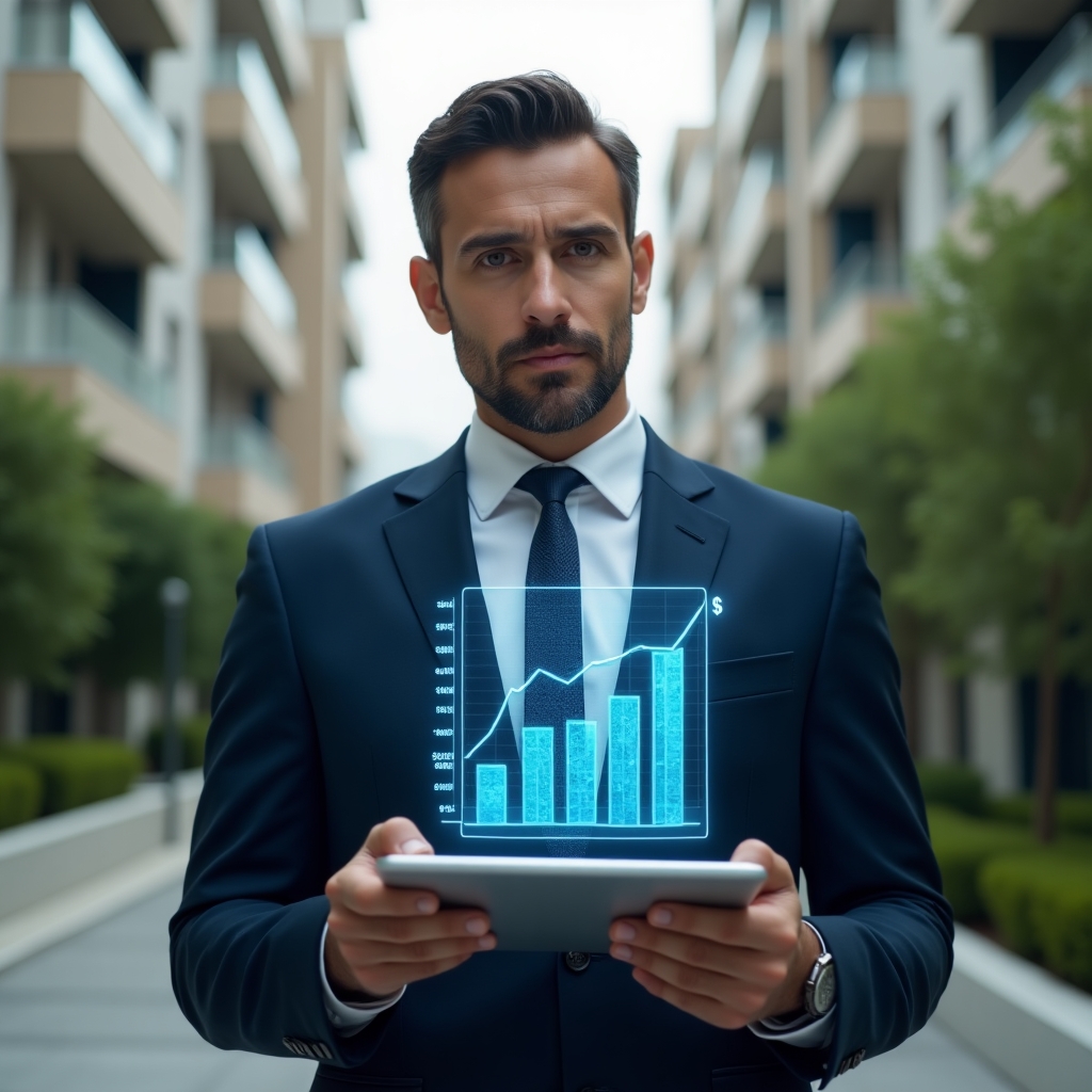 Ultra-realistic condominium manager in a navy suit, set in a modern luxury condominium environment with high-rise buildings and manicured greenery, holding a tablet displaying downward cost charts and blueprints, holographic expense graph icon symbolizing reduced extraordinary expenses, confident and thoughtful expression, cinematic lighting, shallow depth of field, highly detailed textures, realistic skin, photographic realism, 8k resolution --ar 1:1 --v 6