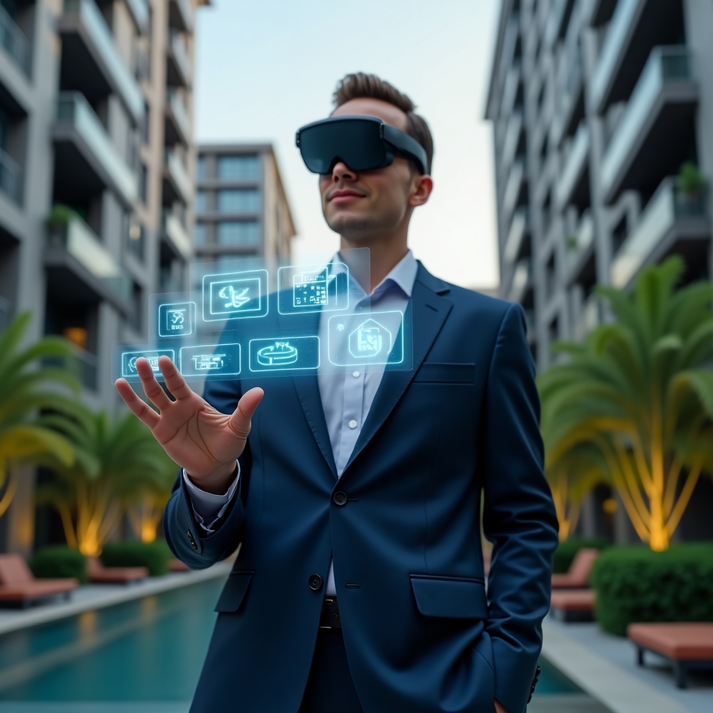 (Ultra-realistic condominium manager in a dark blue suit, set in a modern luxury condominium environment with high-rise buildings and lush green landscaping, confidently interacting with a holographic condominium management app interface displaying chat, calendar, and finance icons, cinematic lighting, shallow depth of field, highly detailed textures, realistic skin, photographic realism, 8k resolution --ar 1:1 --v 6)