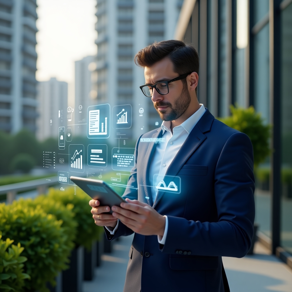 Ultra-realistic condominium manager in a navy blue suit, set in a modern luxury condominium environment with high-rise buildings and manicured green landscaping, reviewing holographic financial charts projected from a tablet, surrounded by floating icons of receipts, graphs and documents, confident and focused expression, cinematic lighting, shallow depth of field, highly detailed textures, realistic skin, photographic realism, 8k resolution --ar 1:1 --v 6