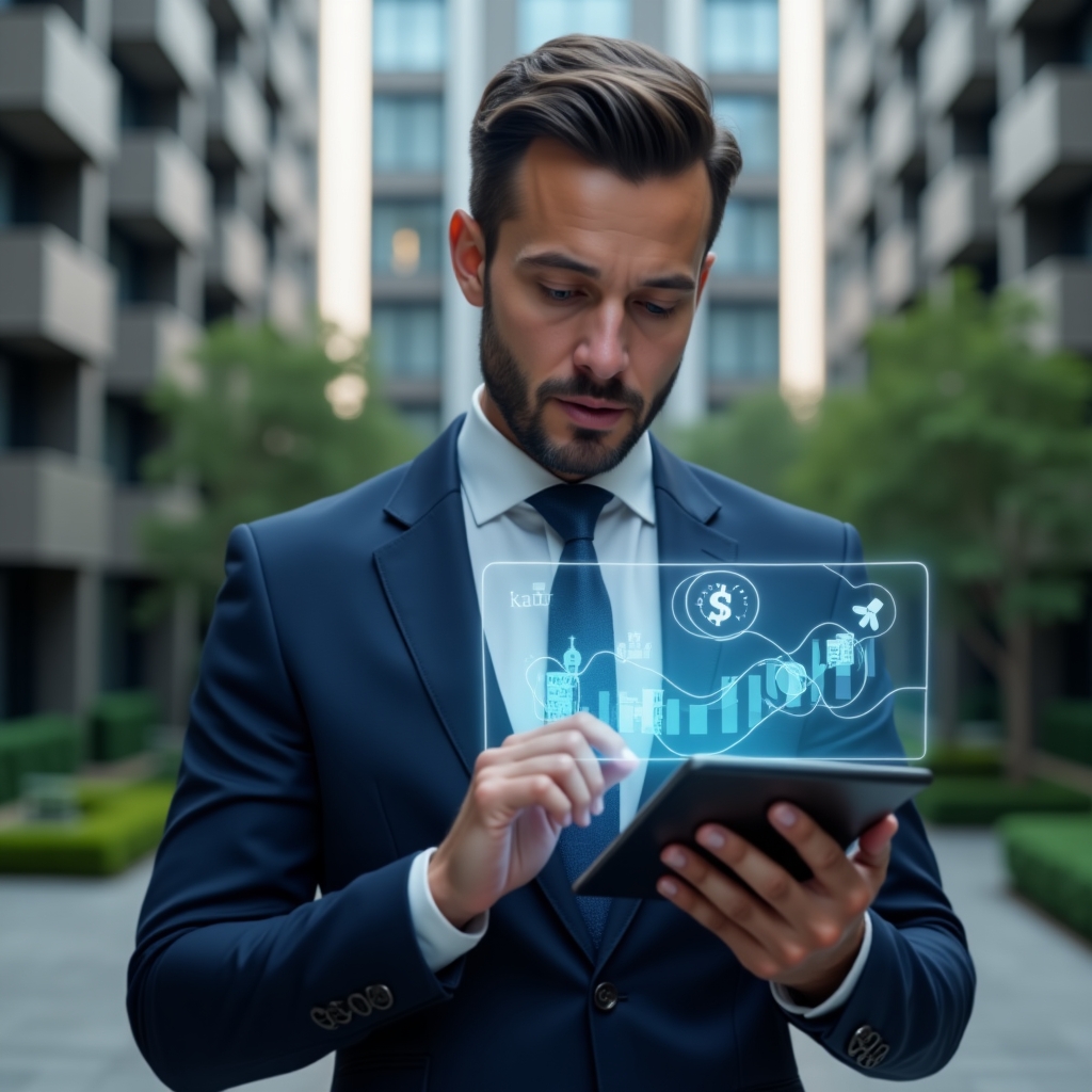 (Ultra-realistic property manager in a navy blue suit, set in a modern luxury condominium environment with high-rise buildings and green landscaping, medium close-up of a confident, focused manager analyzing holographic financial charts on a transparent tablet, floating icons of dollar signs and maintenance tools symbolizing cost reduction, cinematic lighting, shallow depth of field, highly detailed textures, realistic skin, photographic realism, 8k resolution --ar 1:1 --v 6)