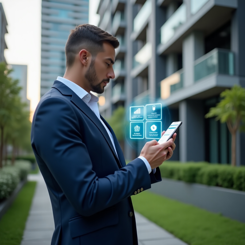 Ultra-realistic condominium manager in a navy blue business suit, set in a modern luxury condominium environment with high-rise buildings and manicured green landscaping, confidently interacting with a holographic smartphone interface displaying charts, payment reminders and community chat icons, cinematic lighting, shallow depth of field, highly detailed textures, realistic skin, photographic realism, 8k resolution --ar 1:1 --v 6