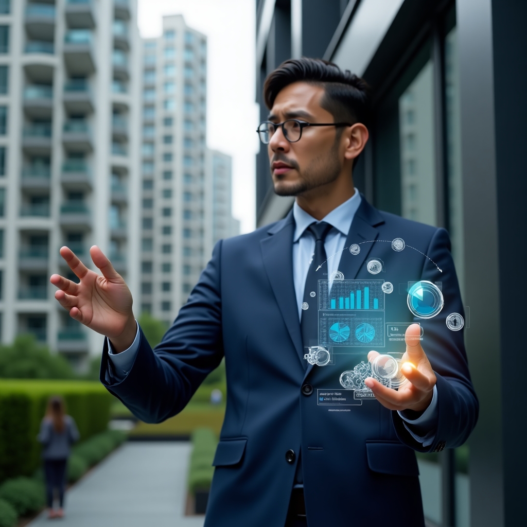 Ultra-realistic condominium manager in a navy blue executive suit, set in a modern luxury condominium environment with high-rise buildings and manicured green landscaping, confidently analyzing holographic financial reports and pointing at floating bar and pie charts, glowing icons of coins and ledgers hovering beside them, cinematic lighting, shallow depth of field, highly detailed textures, realistic skin, photographic realism, 8k resolution --ar 1:1 --v 6