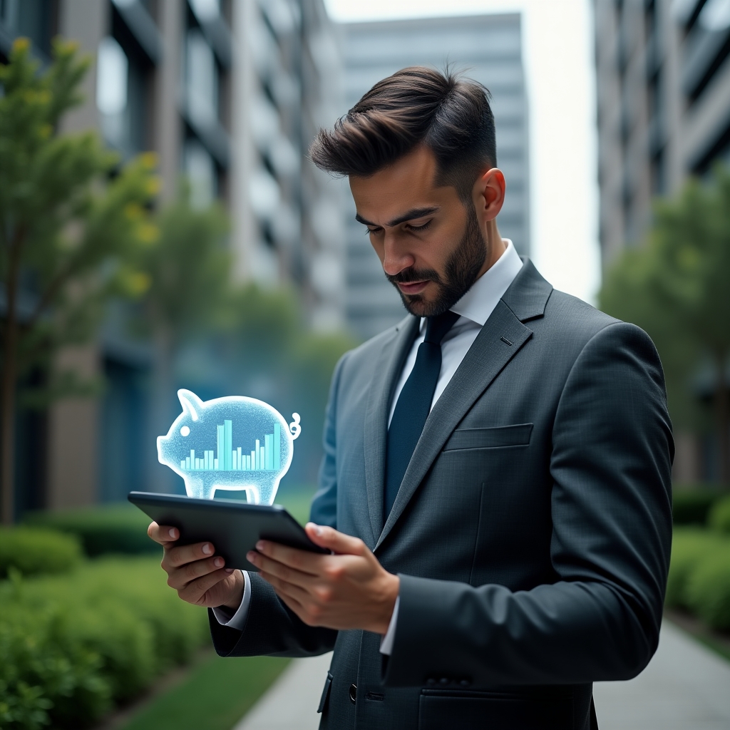 (Ultra-realistic condominium manager in a tailored charcoal gray suit, set in a modern luxury condominium environment with high-rise buildings and manicured green landscaping, analyzing a holographic budget chart projected from a sleek tablet, a semi-transparent piggy bank icon floating beside the display, thoughtful and confident expression, cinematic lighting, shallow depth of field, highly detailed textures, realistic skin, photographic realism, 8k resolution --ar 1:1 --v 6)