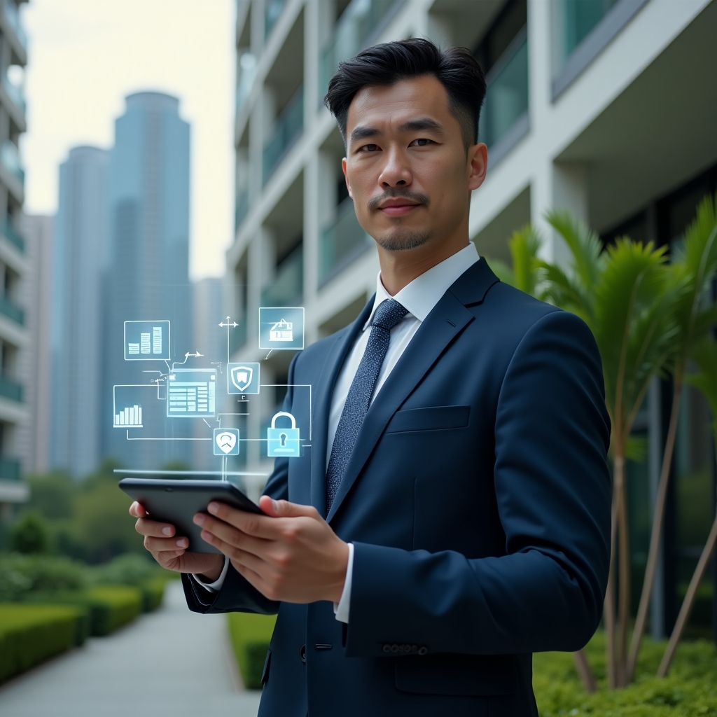(Ultra-realistic condominium manager in a tailored navy suit, set in a modern luxury condominium environment with high-rise buildings and lush green landscaping, holding a tablet displaying holographic management icons—charts, chat bubbles, security shields—confidently analyzing data, cinematic lighting, shallow depth of field, highly detailed textures, realistic skin, photographic realism, 8k resolution --ar 1:1 --v 6)