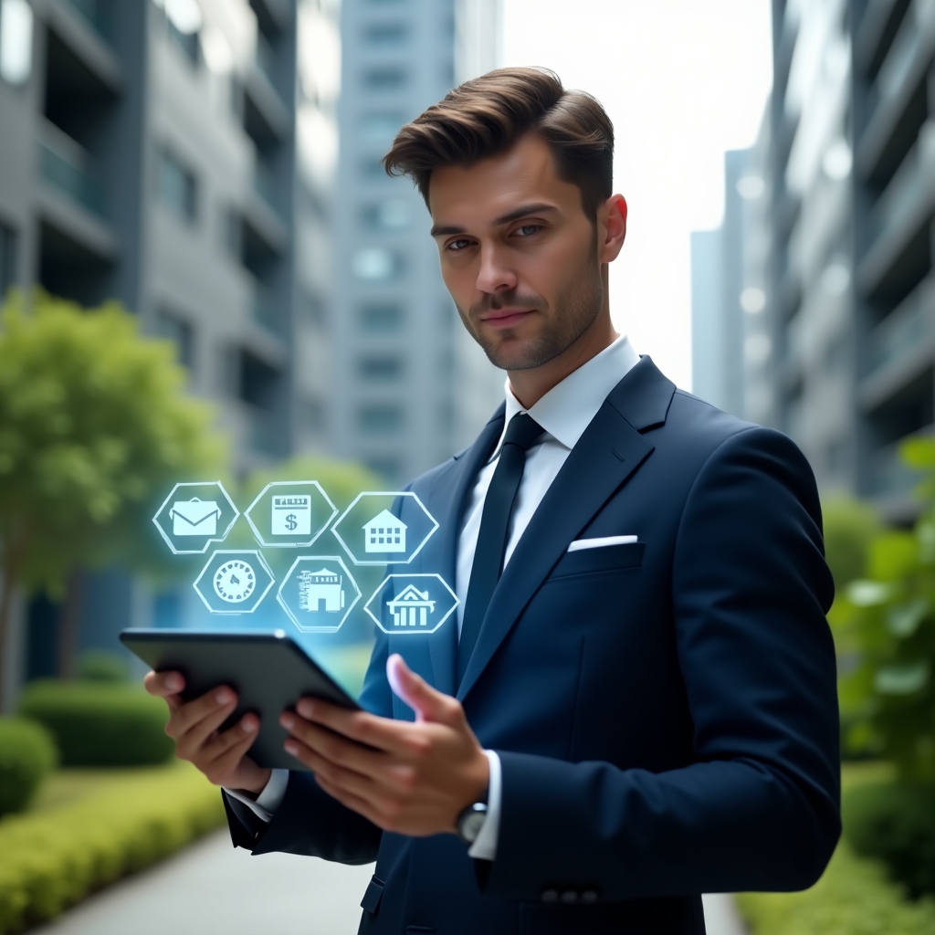 (Ultra-realistic condominium manager in a tailored navy suit, set in a modern luxury condominium environment with high-rise buildings and lush green landscaping, holding a digital tablet projecting a holographic condo management app interface with icons for messaging, finance, calendar and maintenance, confident and engaged expression, cinematic lighting, shallow depth of field, highly detailed textures, realistic skin, photographic realism, 8k resolution --ar 1:1 --v 6)