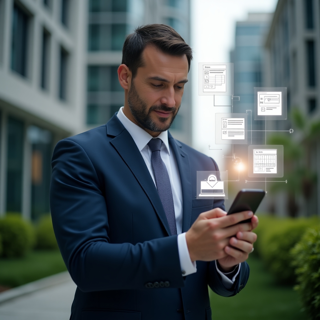 Ultra-realistic condominium property manager in a navy blue suit, set in a modern luxury condominium environment with high-rise buildings and green landscaping, holding a smartphone while interacting with floating holographic icons of payment reminders, reservation calendar and virtual assembly, confident expression, cinematic lighting, shallow depth of field, highly detailed textures, realistic skin, photographic realism, 8k resolution --ar 1:1 --v 6