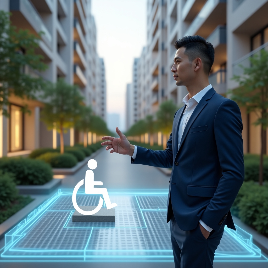 (Ultra-realistic condominium manager in a navy blue suit and white shirt, set in a modern luxury condominium environment with high-rise buildings and green landscaping, standing in front of a holographic model of an accessible ramp and tactile paving, confidently pointing at the ramp design, a floating wheelchair accessibility icon beside them, cinematic lighting, shallow depth of field, highly detailed textures, realistic skin, photographic realism, 8k resolution --ar 1:1 --v 6)