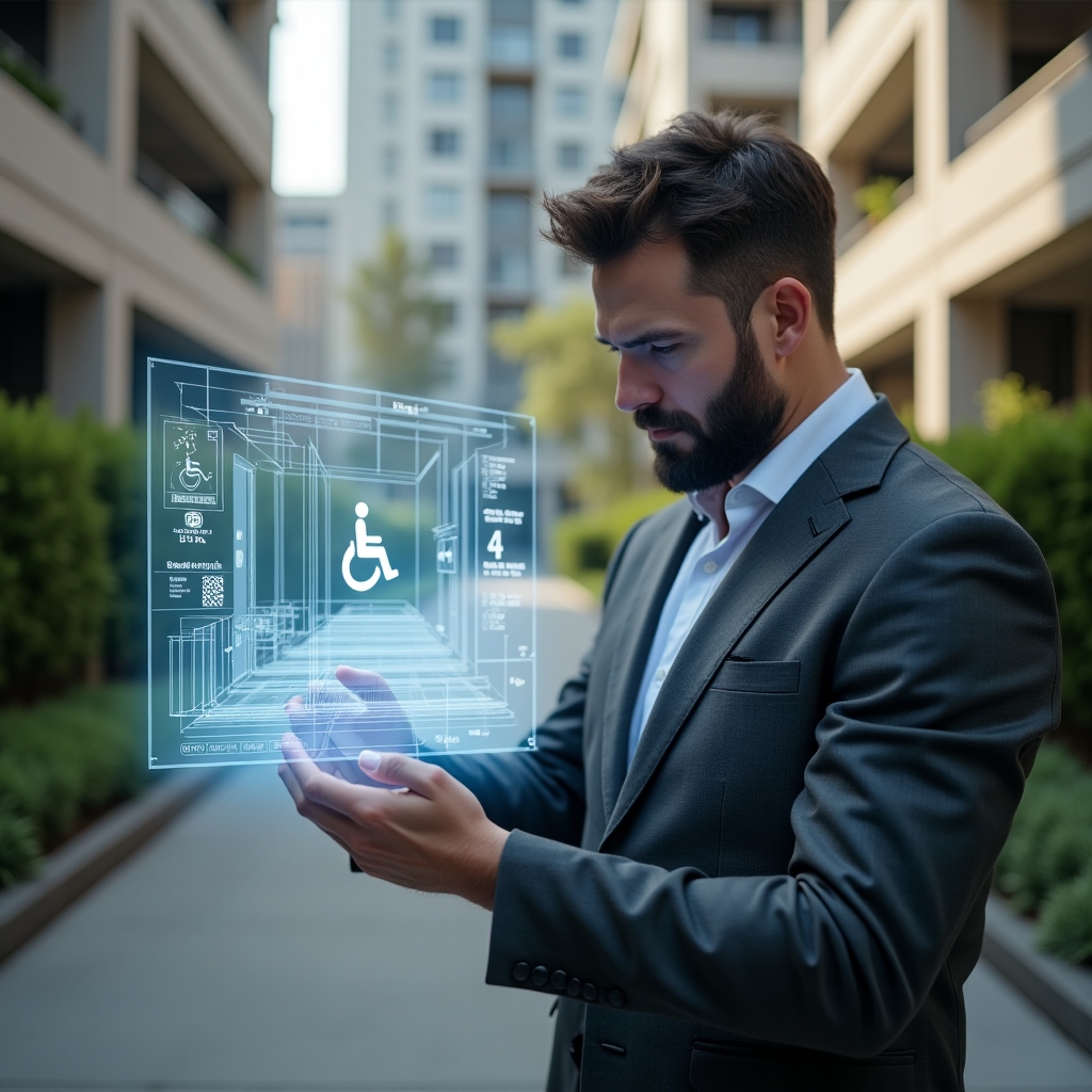 (Ultra-realistic condo manager in a charcoal gray suit, set in a modern luxury condominium environment with high-rise buildings and manicured greenery, examining a holographic blueprint of an accessible ramp and elevator controls, confident and thoughtful expression, augmented by floating accessibility icons (wheelchair symbol, braille signage), cinematic lighting, shallow depth of field, highly detailed textures, realistic skin, photographic realism, 8k resolution --ar 1:1 --v 6)