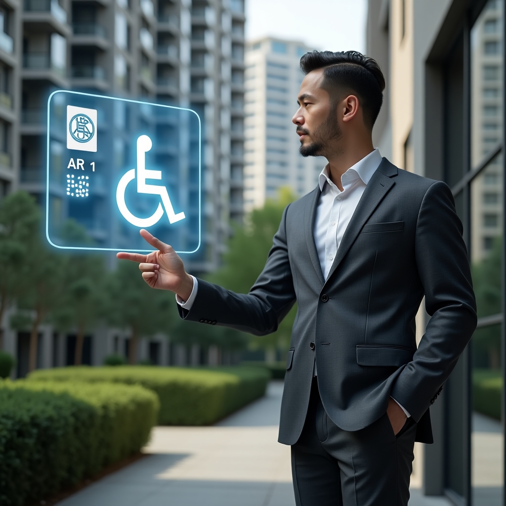 Ultra-realistic condominium manager in a charcoal gray tailored suit, set in a modern luxury condominium environment with high-rise buildings and green landscaping, confidently pointing at a floating holographic wheelchair ramp icon and braille signage display, cinematic lighting, shallow depth of field, highly detailed textures, realistic skin, photographic realism, 8k resolution --ar 1:1 --v 6