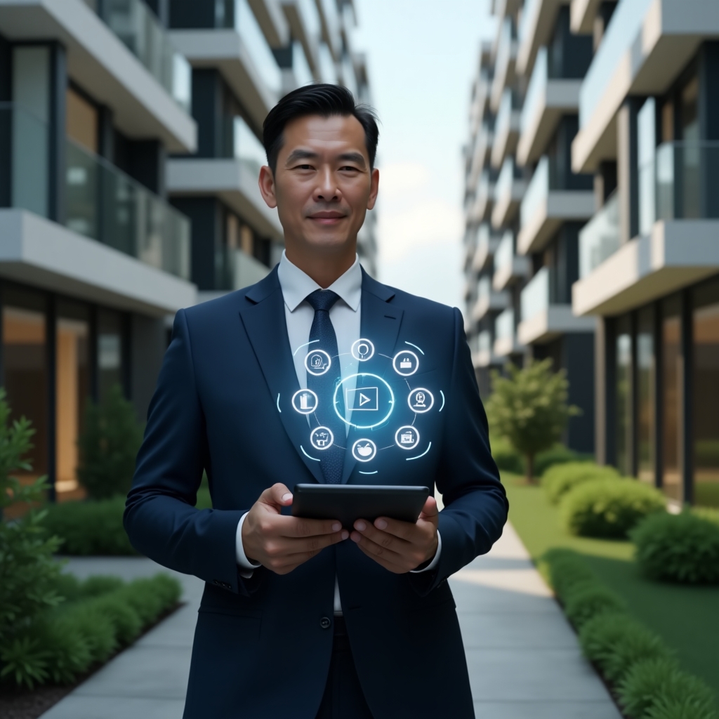 (Ultra-realistic condominium manager in a sleek navy suit, set in a modern luxury condominium environment with high-rise buildings and manicured green landscaping, mid shot holding a tablet displaying a holographic **app interface** with communication and management icons floating around, confident and forward-looking expression, cinematic lighting, shallow depth of field, highly detailed textures, realistic skin, photographic realism, 8k resolution --ar 1:1 --v 6)