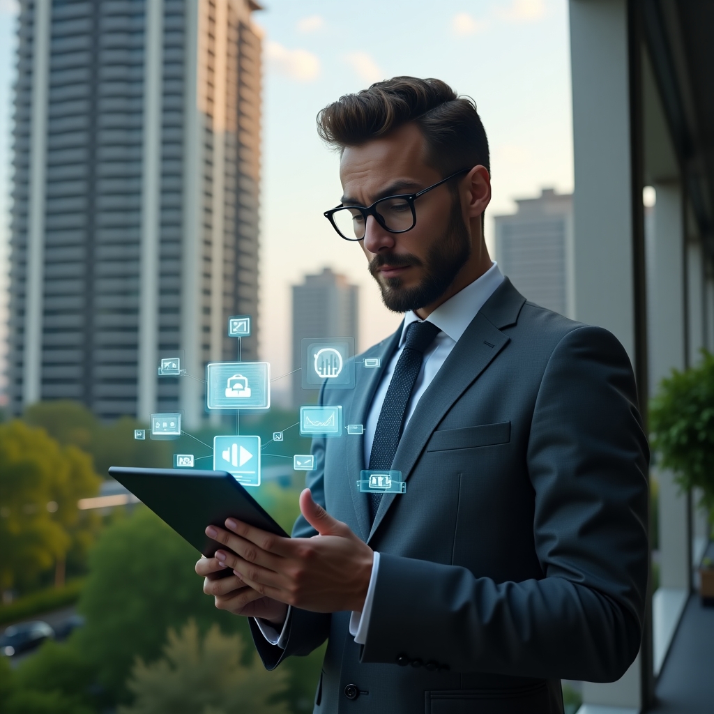 (Ultra-realistic condominium manager in a charcoal gray executive suit, set in a modern luxury condominium environment with high-rise buildings and lush green landscaping, holding a sleek tablet displaying holographic icons of a calendar reservation, chat bubble, and financial graph, confidently analyzing the digital interface, cinematic lighting, shallow depth of field, highly detailed textures, realistic skin, photographic realism, 8k resolution --ar 1:1 --v 6)