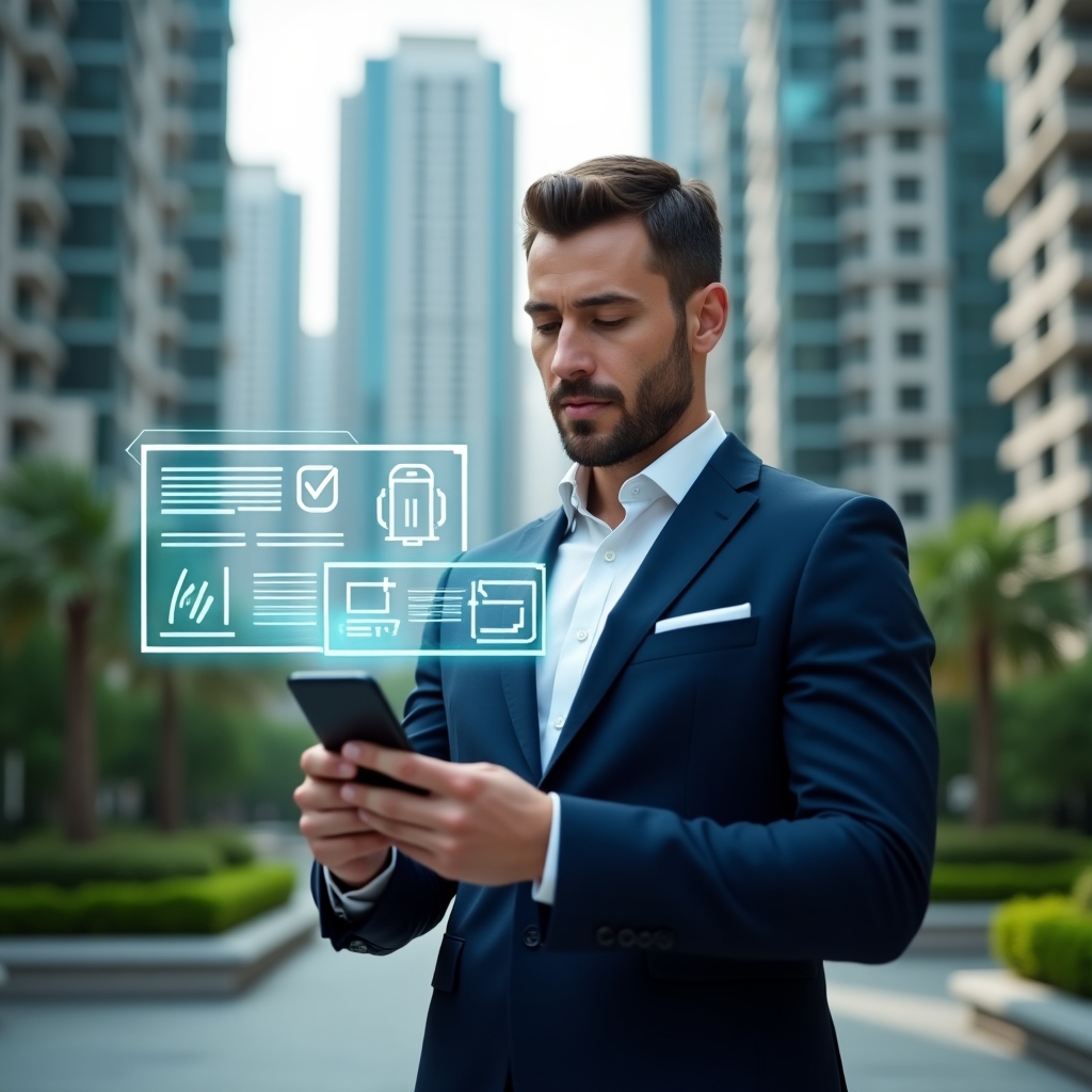 (Ultra-realistic condominium property manager in a dark blue executive suit, set in a modern luxury condominium environment with high-rise buildings and lush green landscaping, holding a smartphone and interacting with floating holographic chat bubble and document icons representing instant notifications and digital archives, confident and engaged expression, cinematic lighting, shallow depth of field, highly detailed textures, realistic skin, photographic realism, 8k resolution --ar 1:1 --v 6)
