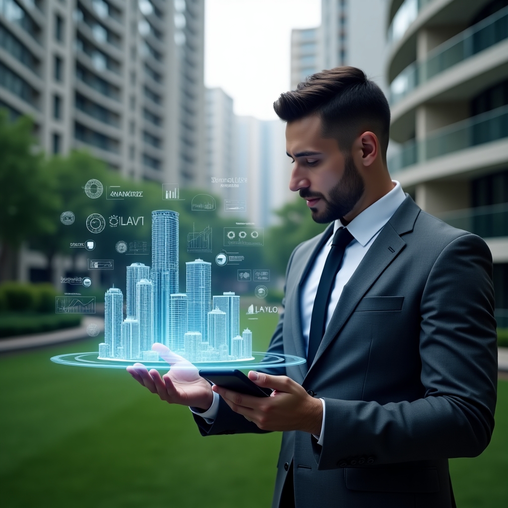 (Ultra-realistic condominium manager in a charcoal gray executive suit, set in a modern luxury condominium environment with high-rise buildings and manicured green landscaping, holding a holographic touchscreen display of building icons and financial charts, confidently analyzing digital graphs that float mid-air, futuristic smartphone interface icons glowing beside them, cinematic lighting, shallow depth of field, highly detailed textures, realistic skin, photographic realism, 8k resolution --ar 1:1 --v 6)
