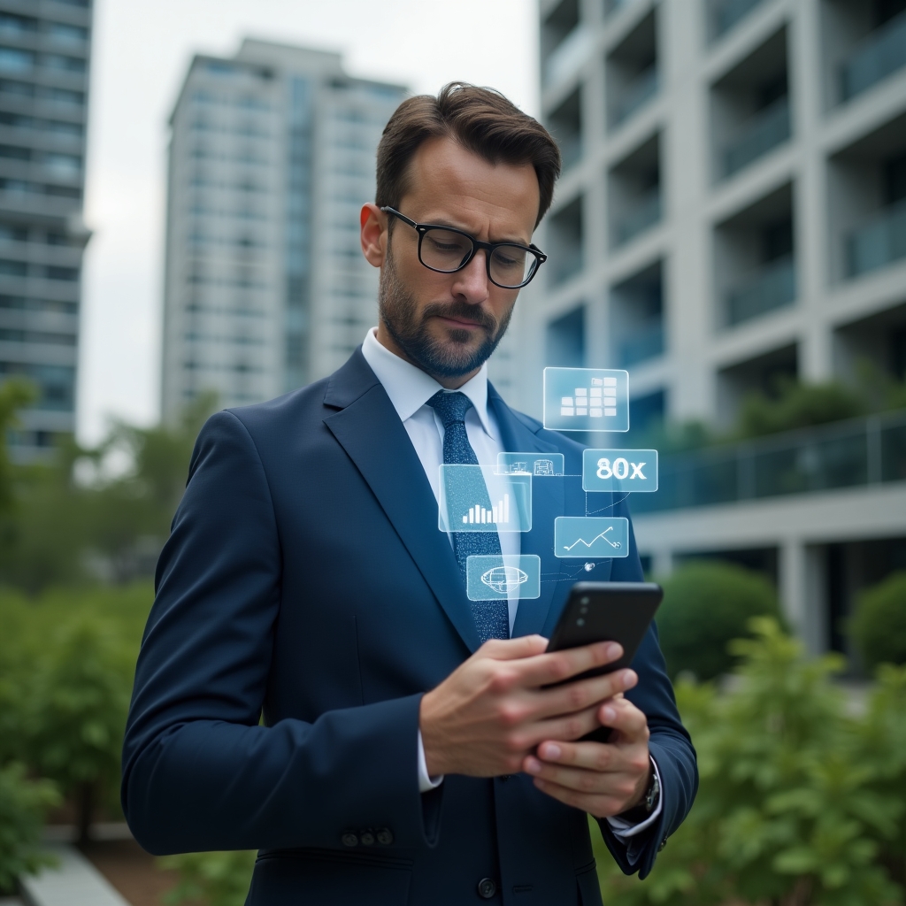 (Ultra-realistic condominium manager in a navy executive suit, set in a modern luxury condominium environment with high-rise buildings and lush green landscaping, holding a smartphone projecting holographic icons of calendar, financial charts and chat bubbles, confident and focused expression, cinematic lighting, shallow depth of field, highly detailed textures, realistic skin, photographic realism, 8k resolution --ar 1:1 --v 6)