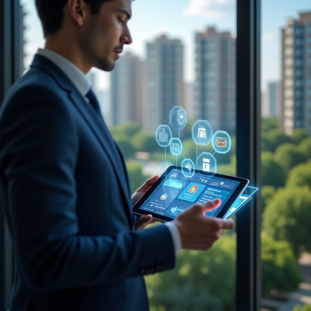 (Ultra-realistic condominium manager in a navy blue executive suit, set in a modern luxury condominium environment with high-rise buildings and lush green landscaping, mid-shot holding a tablet displaying holographic icons of notifications, task lists and security locks, confidently interacting with the virtual interface, cinematic lighting, shallow depth of field, highly detailed textures, realistic skin, photographic realism, 8k resolution --ar 1:1 --v 6)